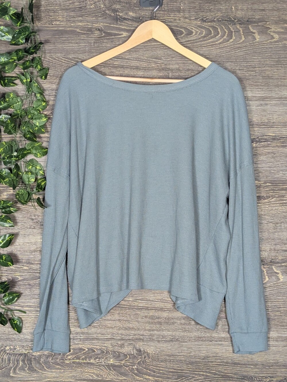 Kaileigh Muted Blue Green Waffle Knit Open Back Top